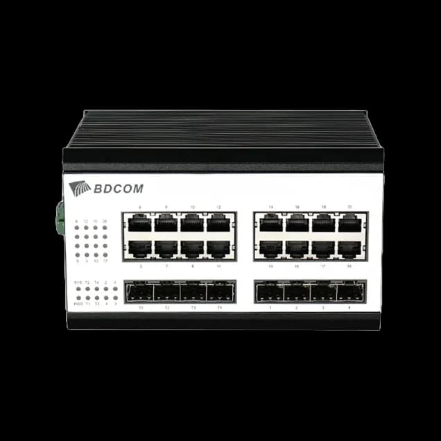 16 RJ45, 4 SFP, and 4 10G ports in an industrial switch built for heavy workloads